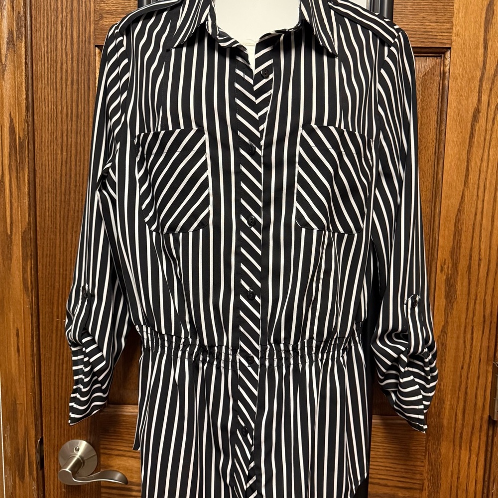 NWOT Black Striped Tunic Shirt with Roll tab Sleeves Notations